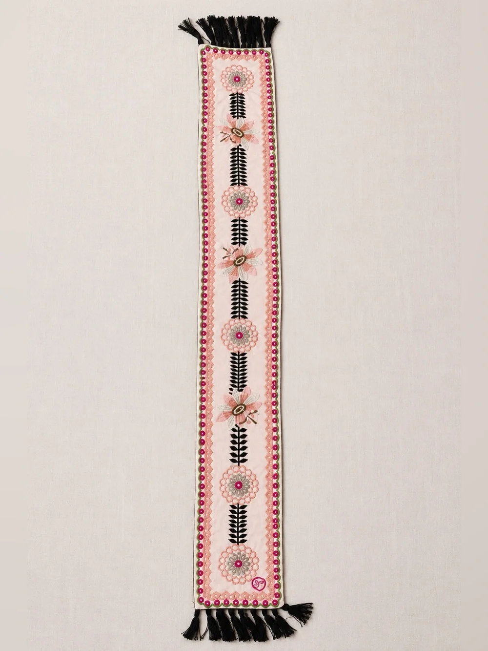 Temperley London Embroidered Floral Tassel Scarf Wrap Pink Black 75